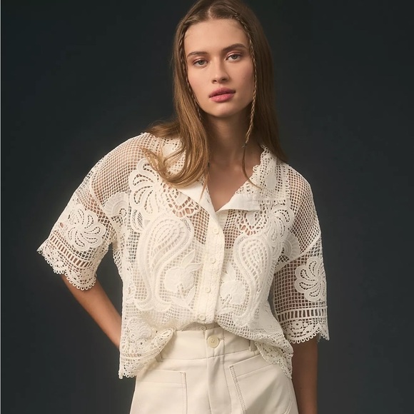 NWT Farm Rio x Anthropologie Short-Sleeve Lace Buttondown Shirt - Picture 1 of 7